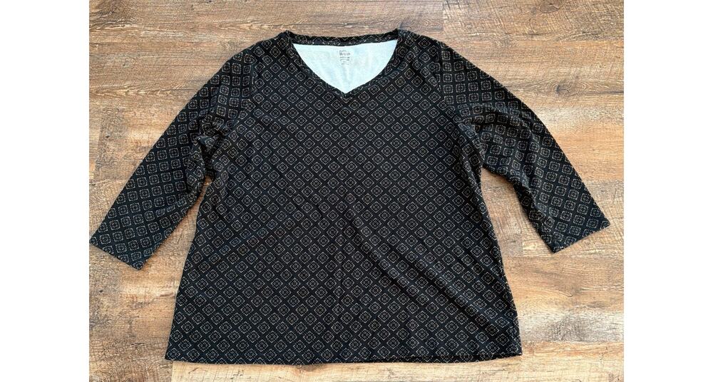 Kim Rogers Geometric Print V-Neck top Black/Tan 3/4 sleeve 2XL 100% Cotton